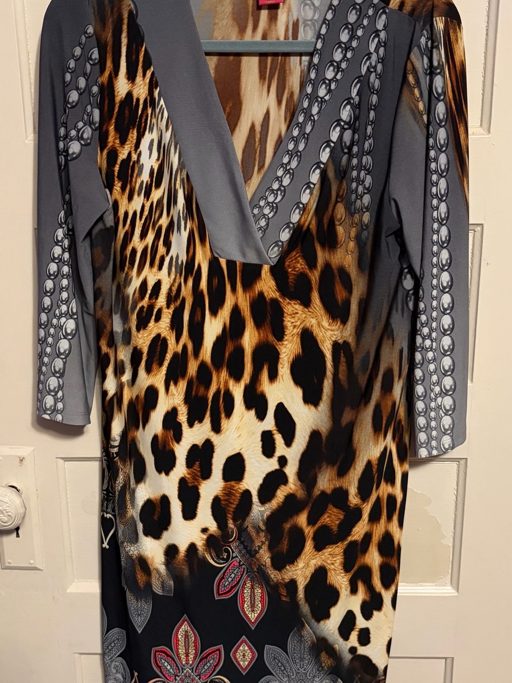 Sunny Leigh Leopard Print V-Neck Tunic with Gray Sleeves